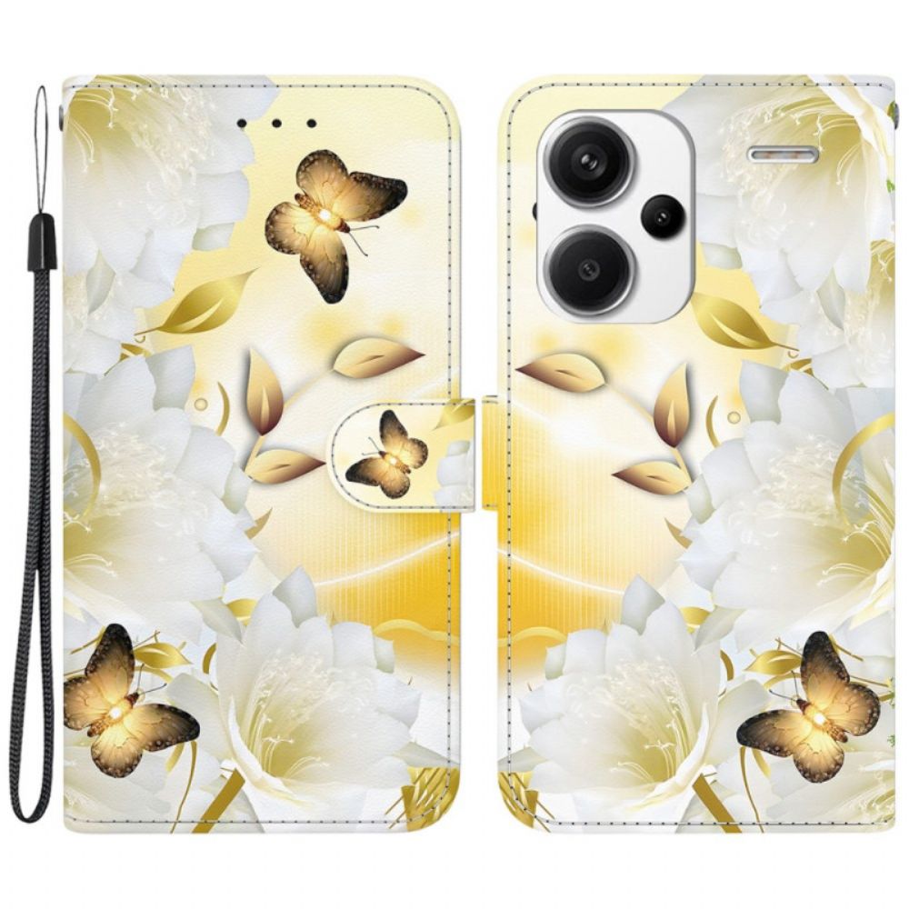 Leren Hoesje Voor Xiaomi Redmi Note 13 Pro Plus 5g Gouden Vlinders En Witte Bloemen Met Riempje