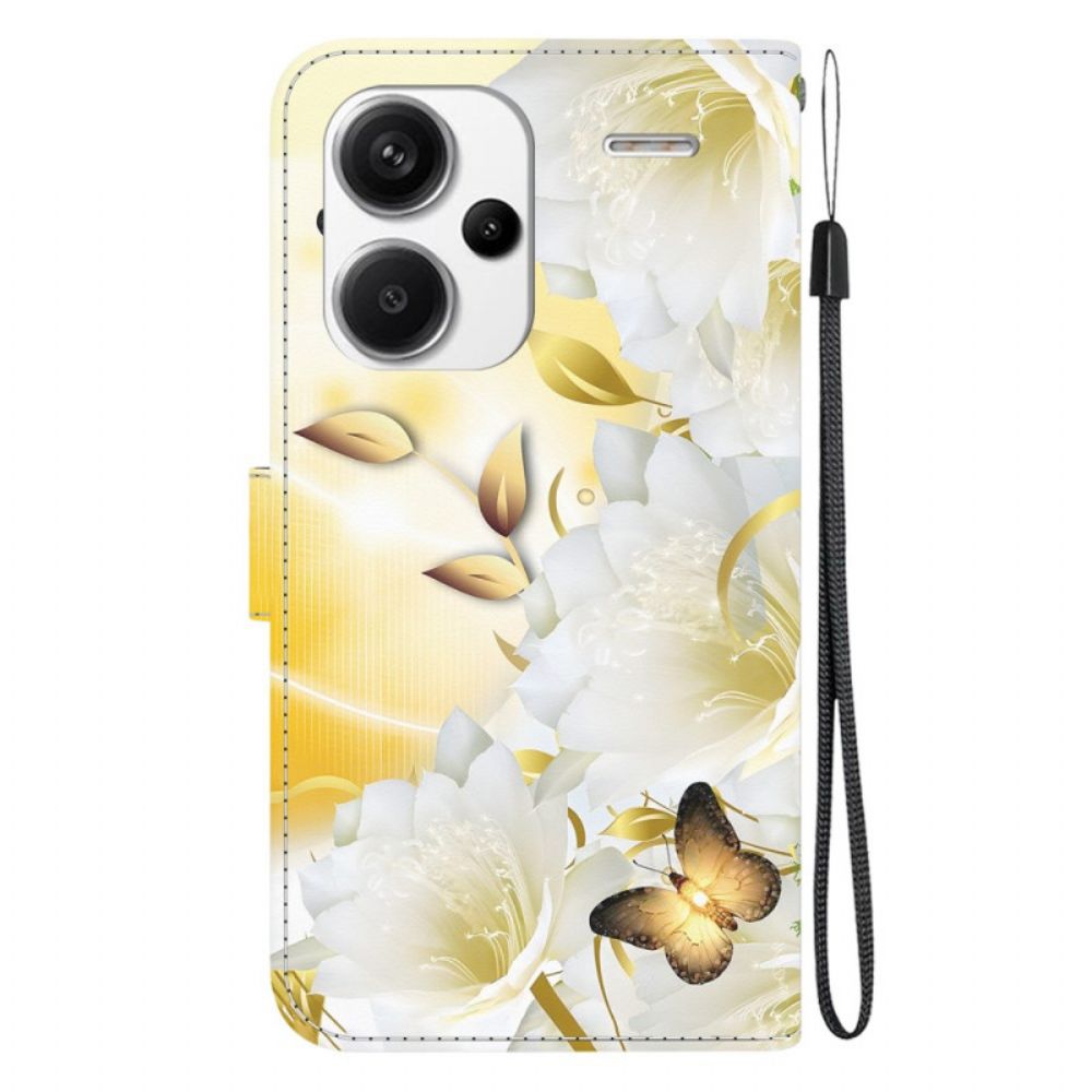 Leren Hoesje Voor Xiaomi Redmi Note 13 Pro Plus 5g Gouden Vlinders En Witte Bloemen Met Riempje