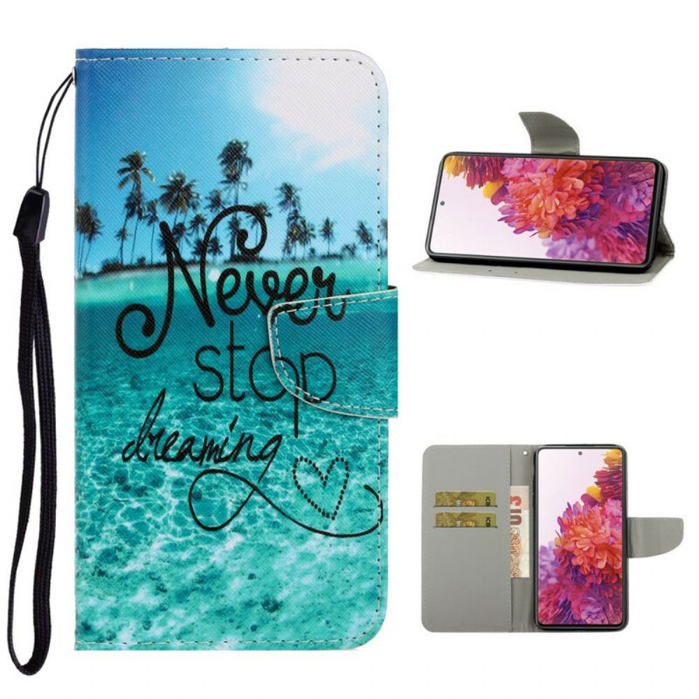 Flip Case voor Samsung Galaxy S20 FE Met Ketting Nooit Stoppen Met Dromen Marineblauwe Strappy