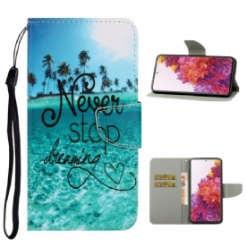 Flip Case voor Samsung Galaxy S20 FE Met Ketting Nooit Stoppen Met Dromen Marineblauwe Strappy