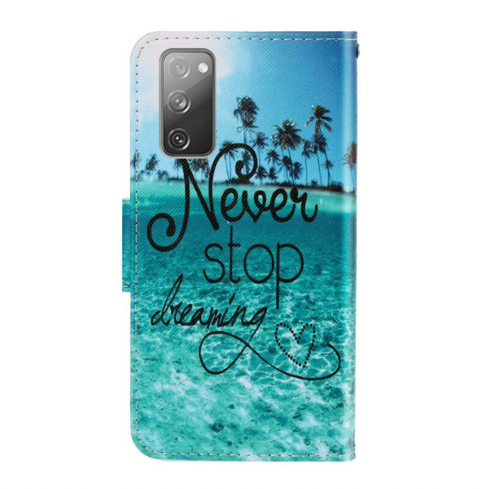 Flip Case voor Samsung Galaxy S20 FE Met Ketting Nooit Stoppen Met Dromen Marineblauwe Strappy