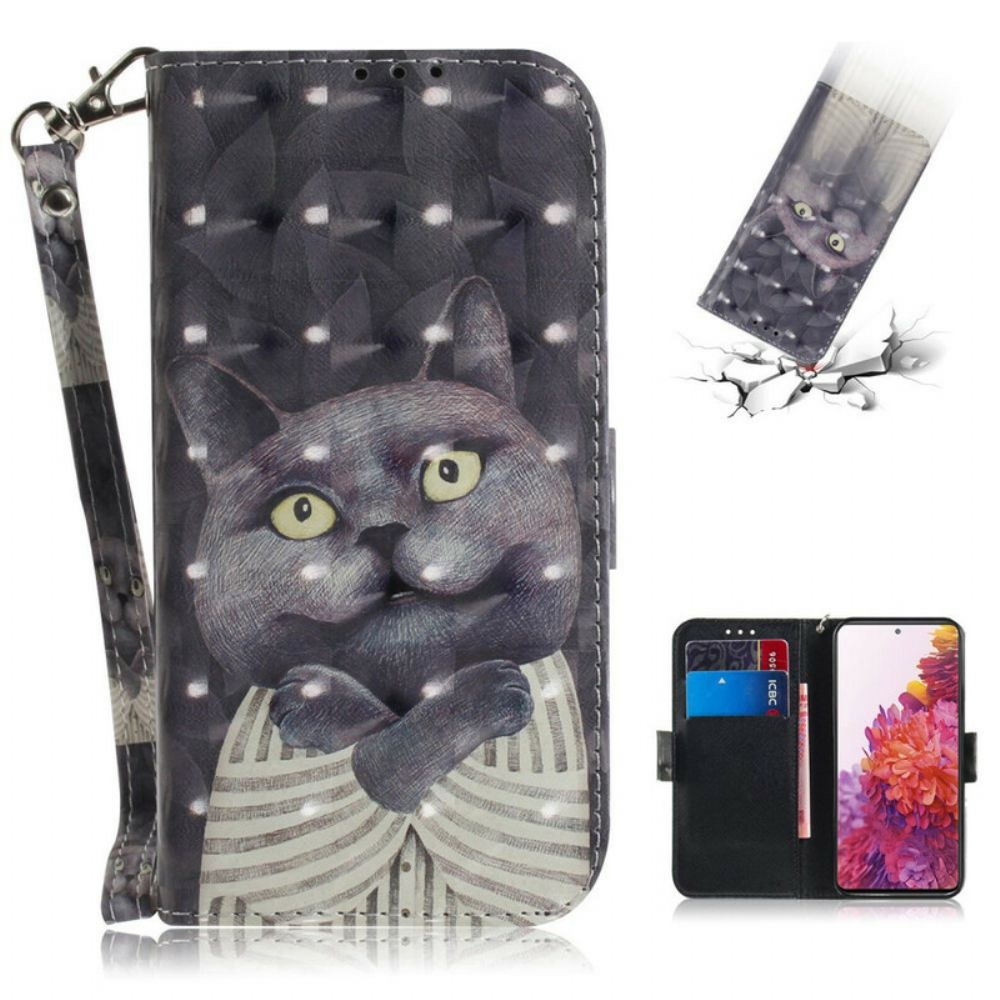 Leren Hoesje voor Samsung Galaxy S20 FE Met Ketting Grijze Kat Met Bandjes