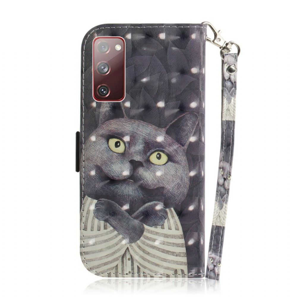 Leren Hoesje voor Samsung Galaxy S20 FE Met Ketting Grijze Kat Met Bandjes