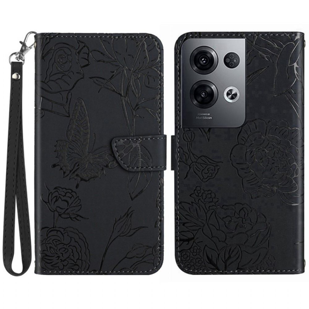 Leren Hoesje voor Oppo Reno 8 Pro Vlinders Met Lanyard