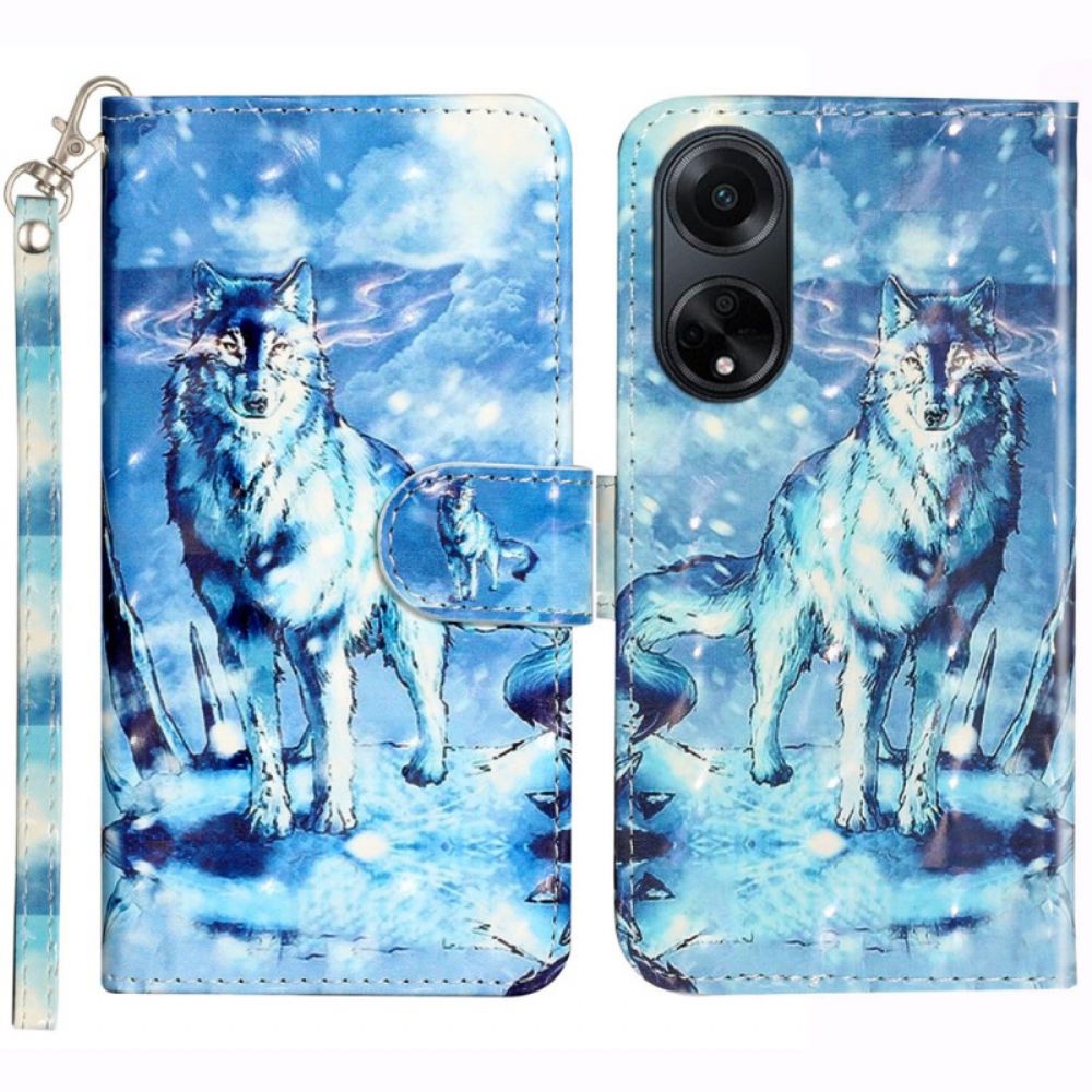 Flip Case Leren Oppo A98 5g 3d Sneeuwwolf Met Riem