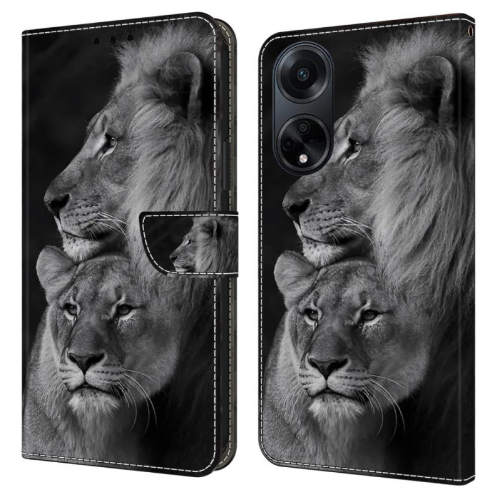 Flip Case Leren Oppo A98 5g Paar Leeuwen