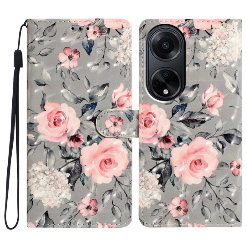 Flip Case Leren Oppo A98 5g Roze Bloemen Met Riem