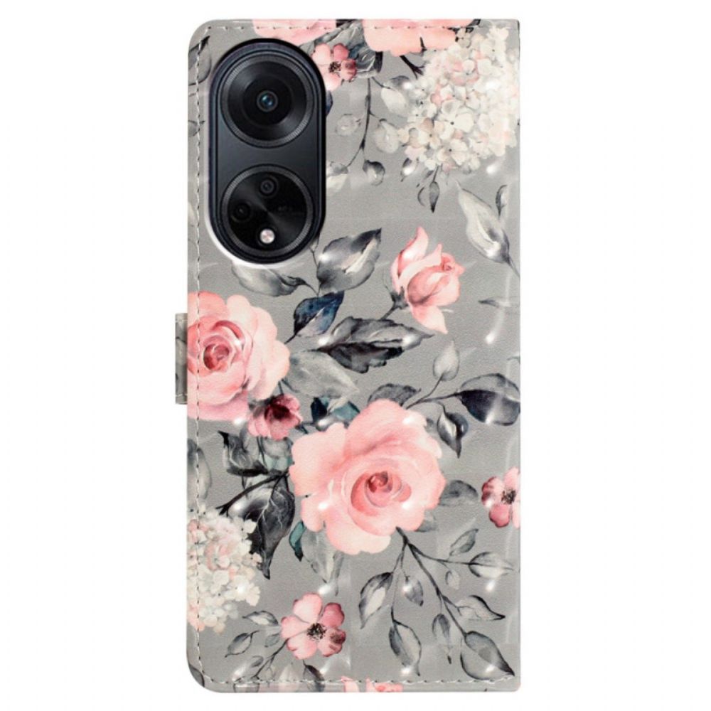 Flip Case Leren Oppo A98 5g Roze Bloemen Met Riem