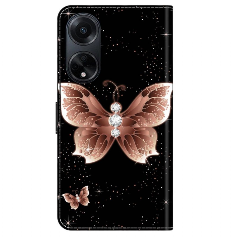 Flip Case Leren Oppo A98 5g Roze Diamanten Vlinder