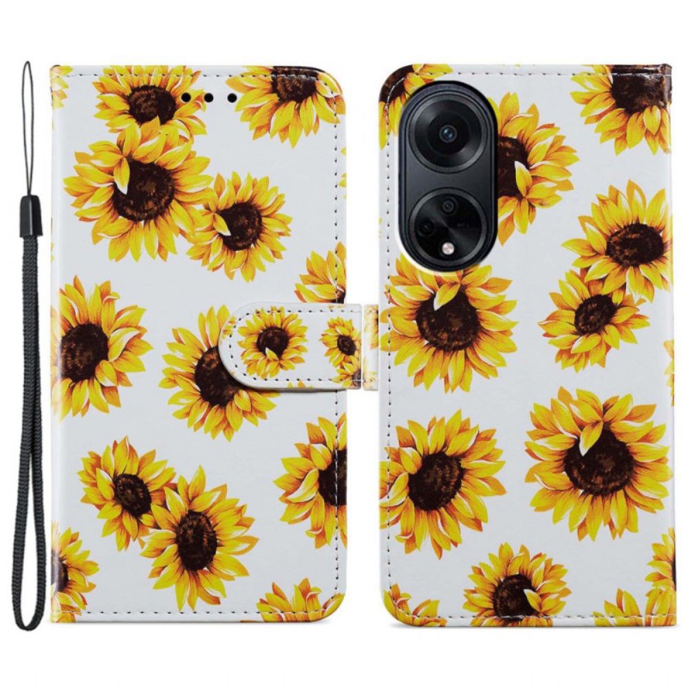 Folio-hoesje Oppo A98 5g Telefoonhoesje Riem Zonnebloemen