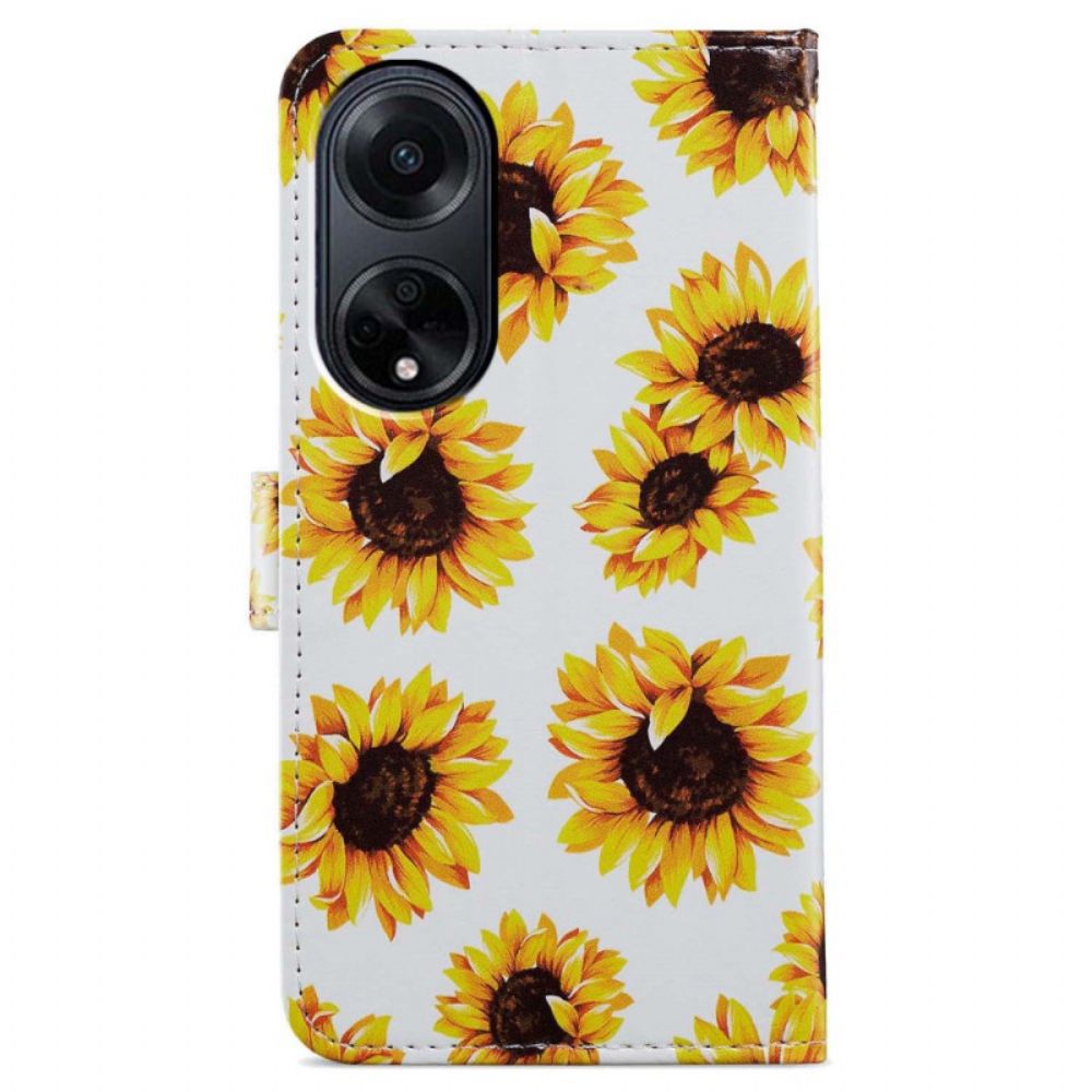 Folio-hoesje Oppo A98 5g Telefoonhoesje Riem Zonnebloemen