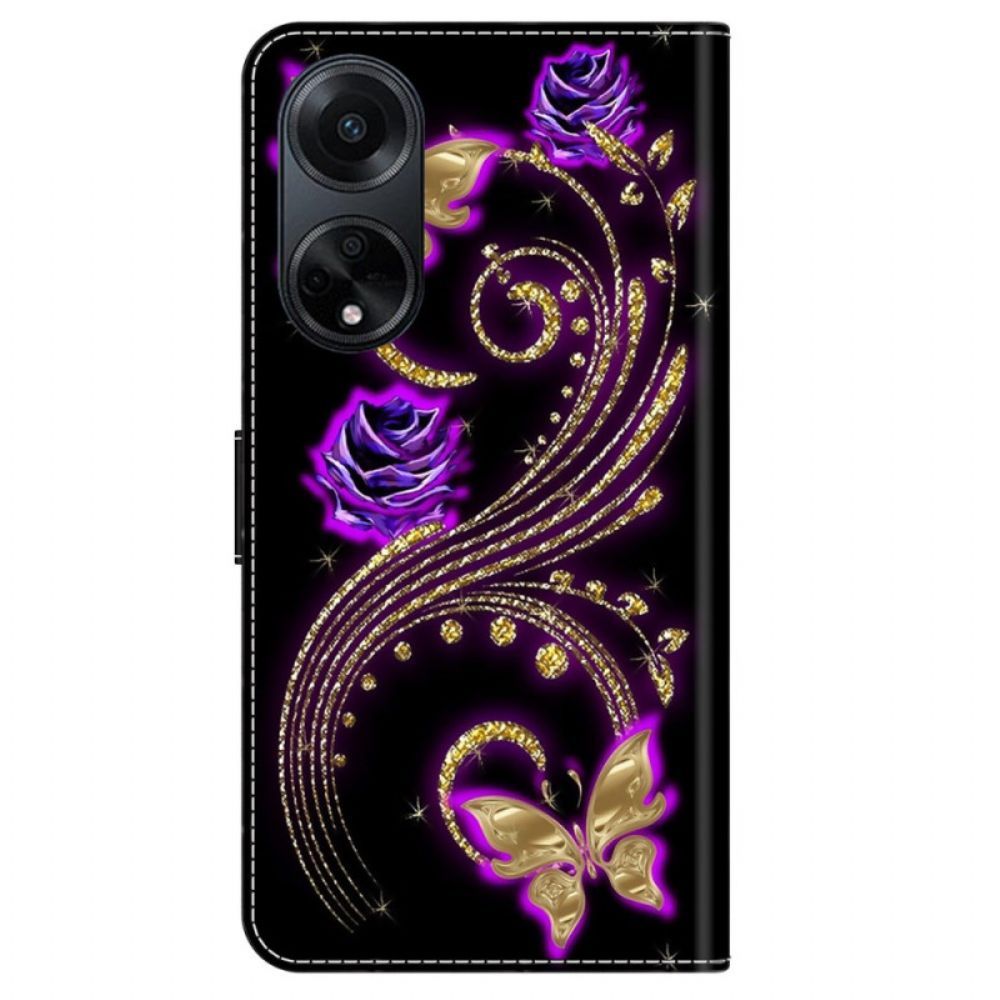 Folio-hoesje Oppo A98 5g Telefoonhoesje Violette Bloemen En Vlinders