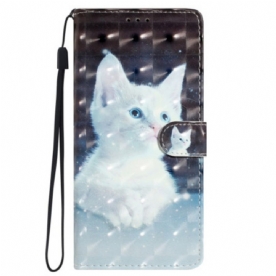 Leren Hoesje Oppo A98 5g 3d Witte Kat Met Riem Bescherming Hoesje