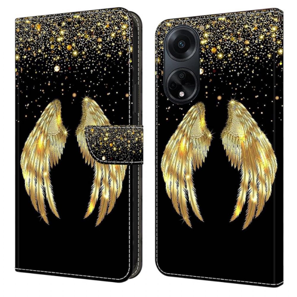 Leren Hoesje Oppo A98 5g Gouden Vleugels Bescherming Hoesje