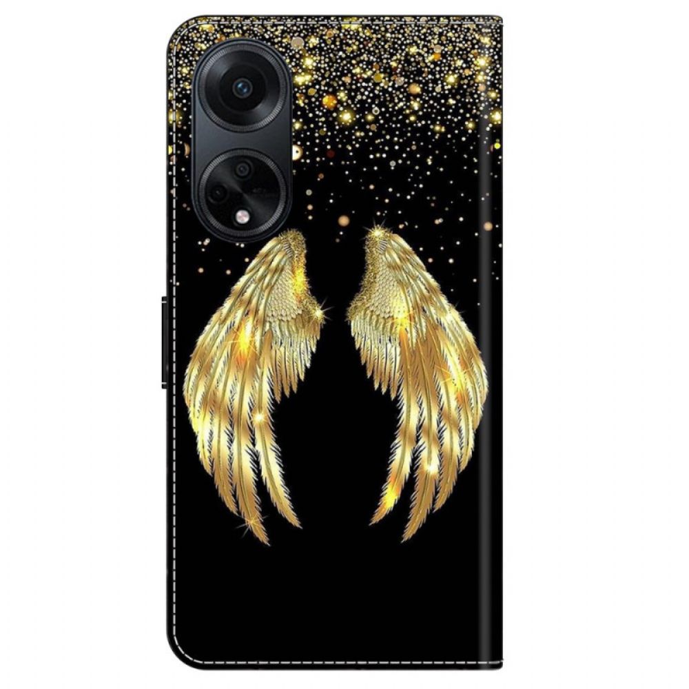 Leren Hoesje Oppo A98 5g Gouden Vleugels Bescherming Hoesje