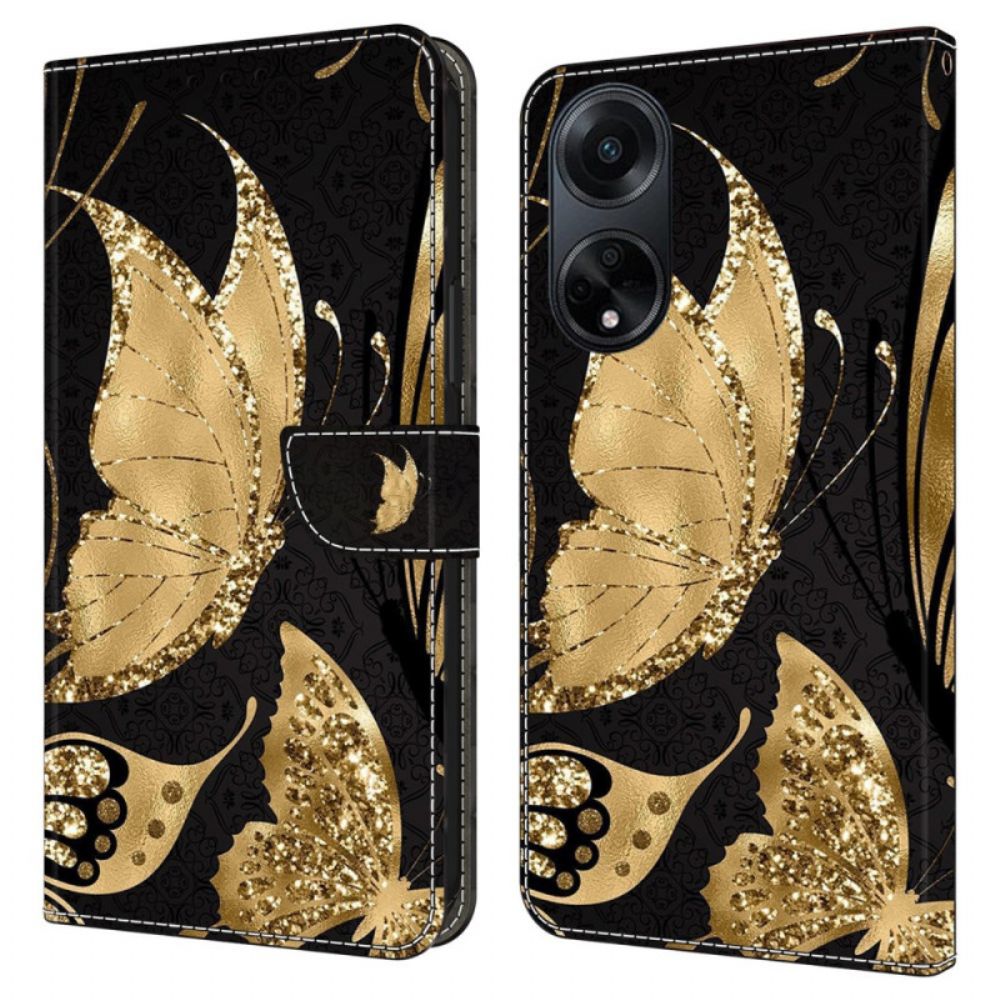 Leren Hoesje Oppo A98 5g Gouden Vlinder Bescherming Hoesje