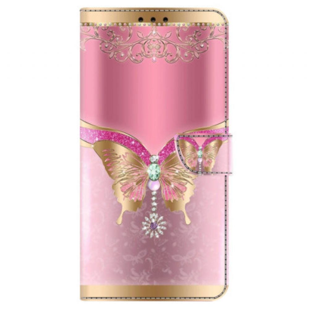 Leren Hoesje Oppo A98 5g Roze En Gouden Vlinder