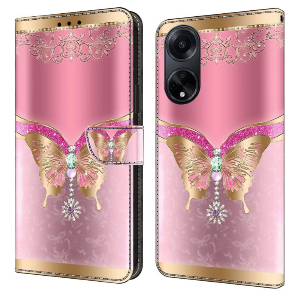 Leren Hoesje Oppo A98 5g Roze En Gouden Vlinder