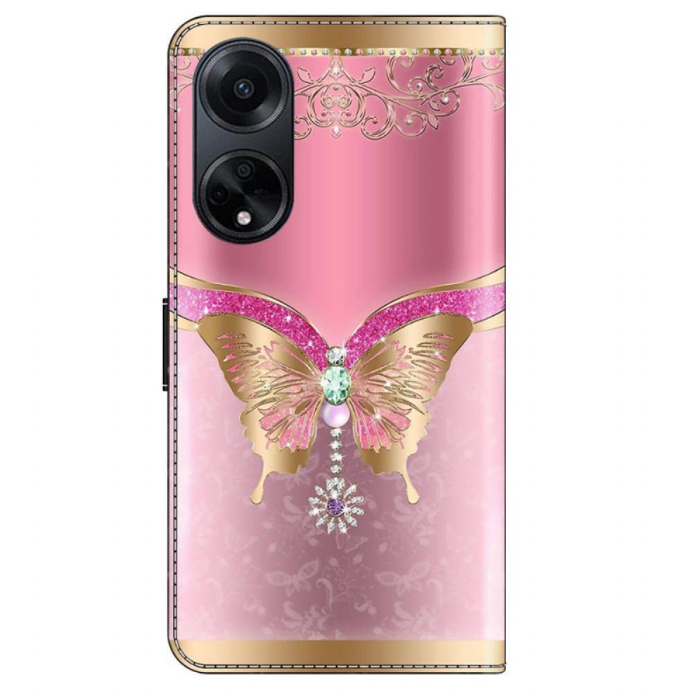 Leren Hoesje Oppo A98 5g Roze En Gouden Vlinder