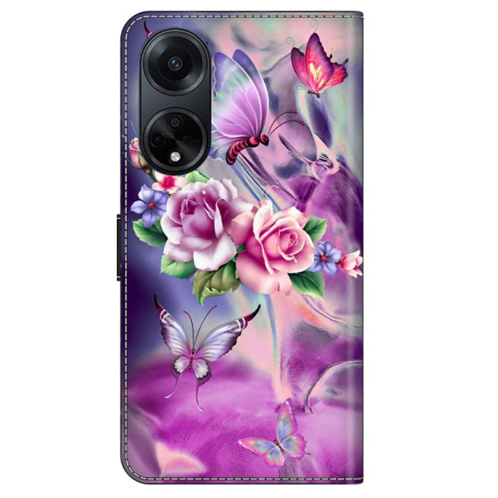 Leren Hoesje Oppo A98 5g Vlinders En Violette Bloemen Bescherming Hoesje