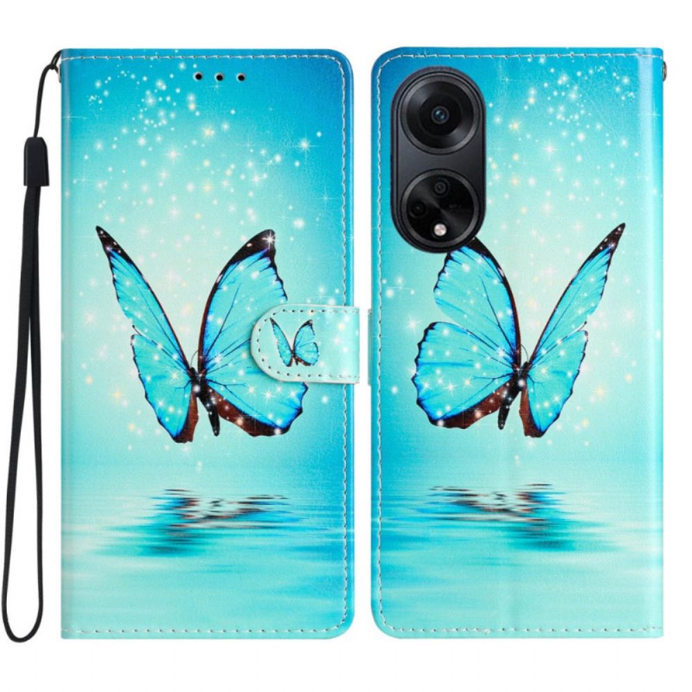 Leren Hoesje Voor Oppo A98 5g Blauwe Vlinder Met Riem