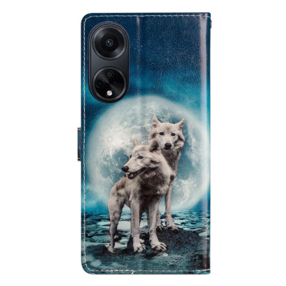 Leren Hoesje Voor Oppo A98 5g Twee Wolven Met Riemen