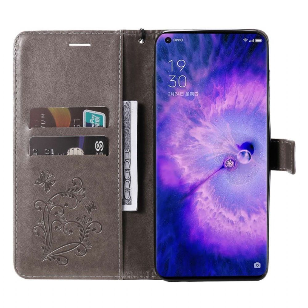 Folio-hoesje voor Oppo Find X5 Pro Met Ketting Reusachtige Vlinders Met Bandjes