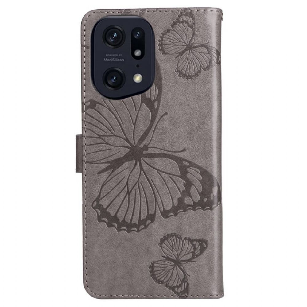 Folio-hoesje voor Oppo Find X5 Pro Met Ketting Reusachtige Vlinders Met Bandjes