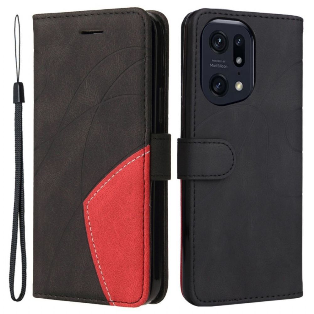 Folio-hoesje voor Oppo Find X5 Pro Met Ketting Tweekleurige Riem