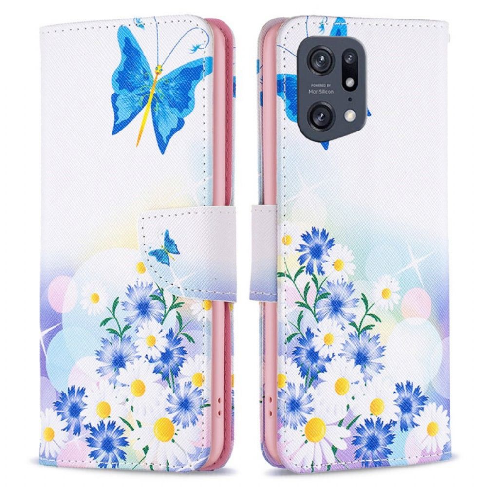 Leren Hoesje voor Oppo Find X5 Pro Aquarel Vlinders