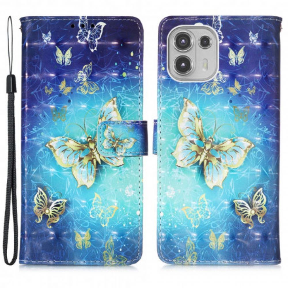 Leren Hoesje voor Motorola Edge 20 Lite Met Ketting 1001 Vlinders Met Gouden Band