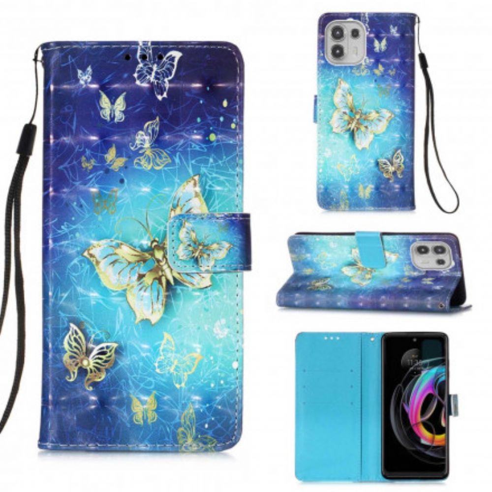 Leren Hoesje voor Motorola Edge 20 Lite Met Ketting 1001 Vlinders Met Gouden Band