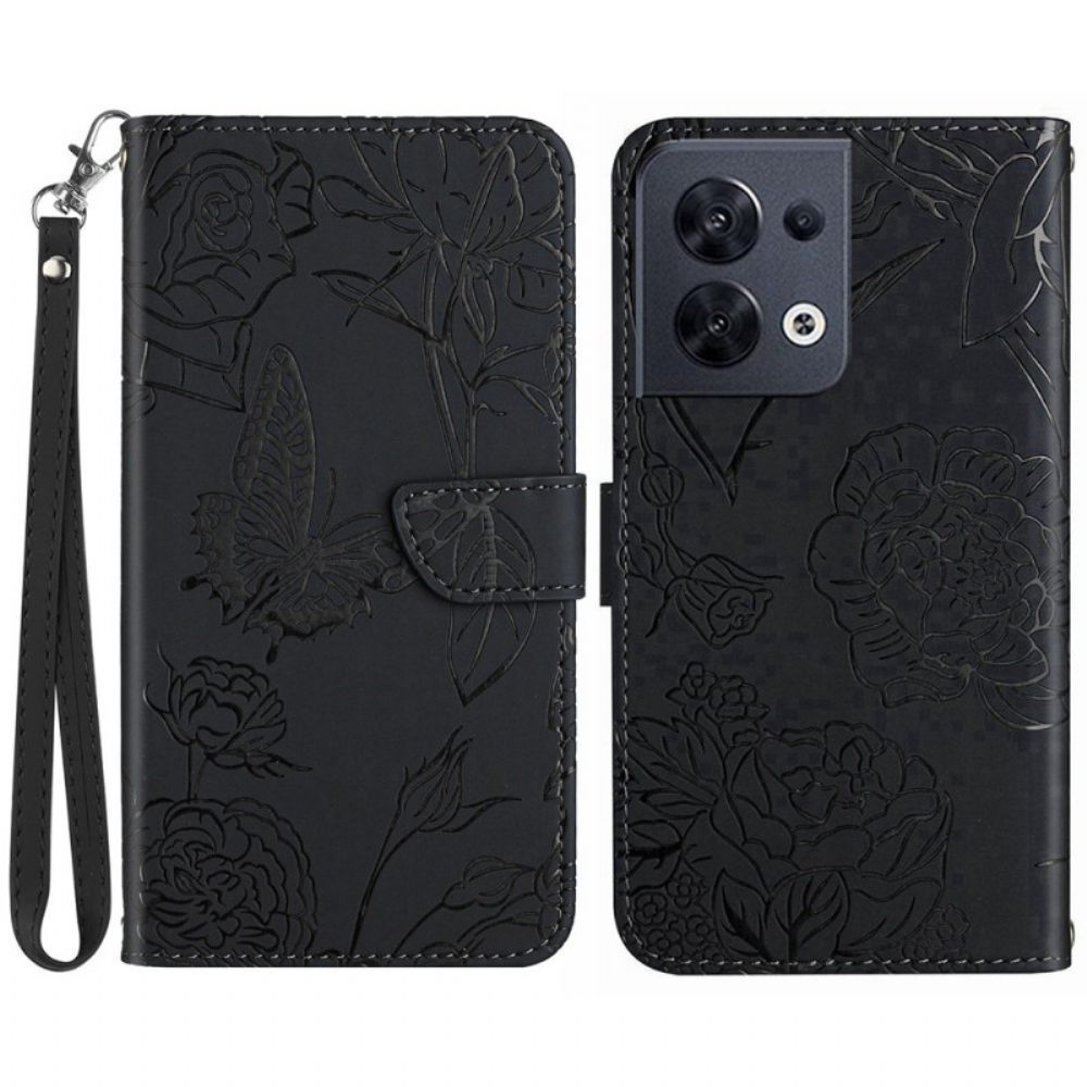 Leren Hoesje voor Oppo Reno 8 Vlinders Met Lanyard