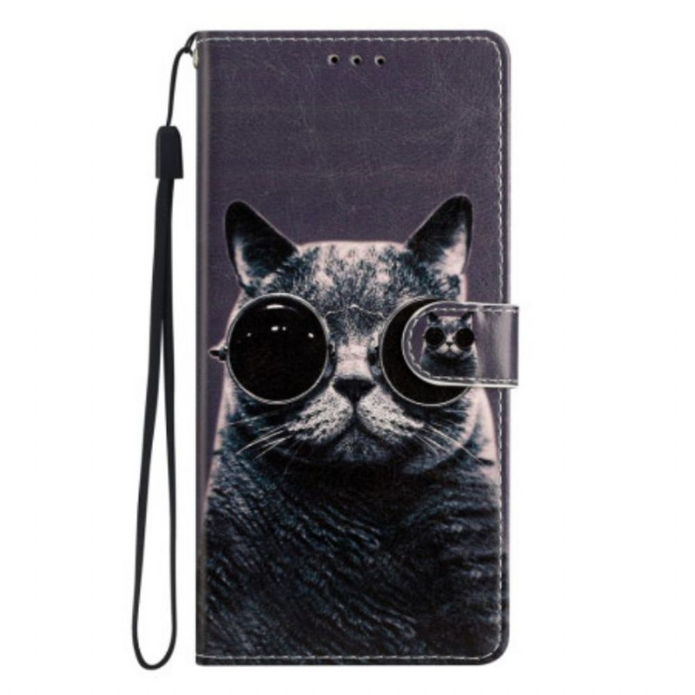 Leren Hoesje voor Xiaomi 12 Lite Met Ketting Kat Strappy Bril