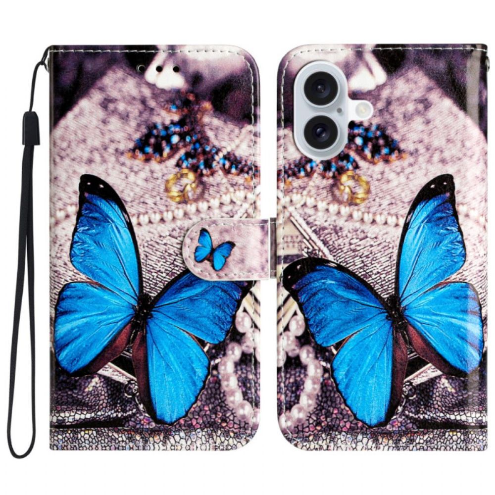 Flip Case Leren iPhone 16 Blauwe Vlinder Met Riem