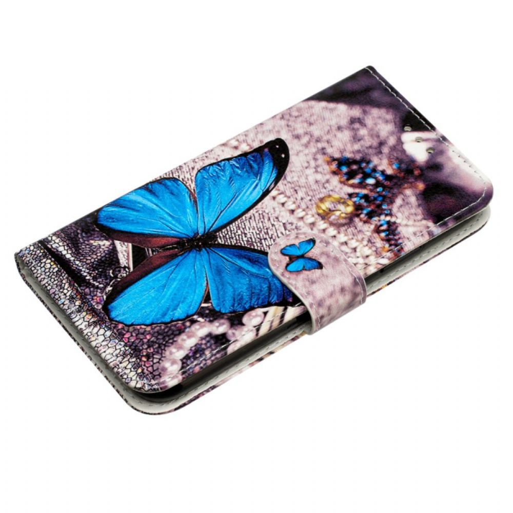 Flip Case Leren iPhone 16 Blauwe Vlinder Met Riem