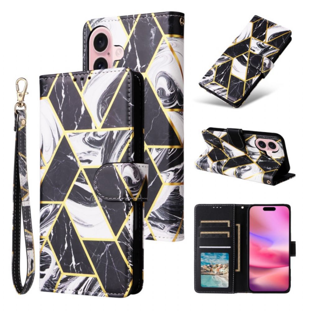 Flip Case Leren iPhone 16 Marmerpatroon Band