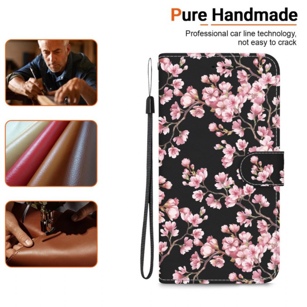 Flip Case Leren iPhone 16 Vastgebonden Pruimenbloesems