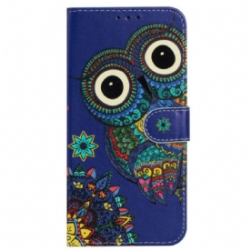 Folio-hoesje iPhone 16 Blauwe Uil Met Riem