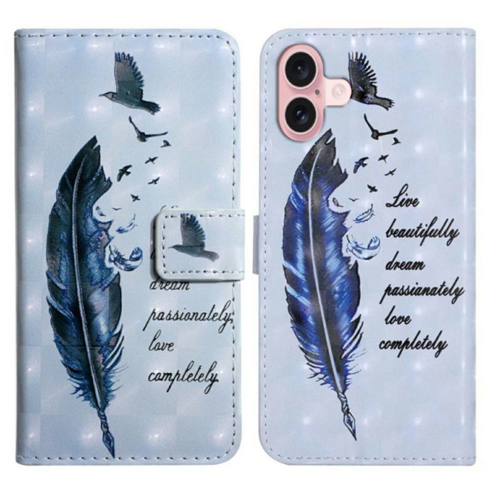 Folio-hoesje iPhone 16 Blauwe Veer Met Riem