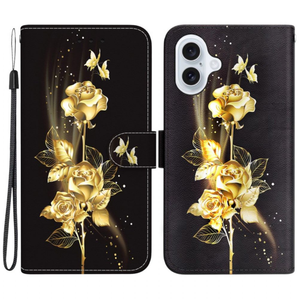 Folio-hoesje iPhone 16 Telefoonhoesje Gouden Vlinder En Rozen Met Riempje