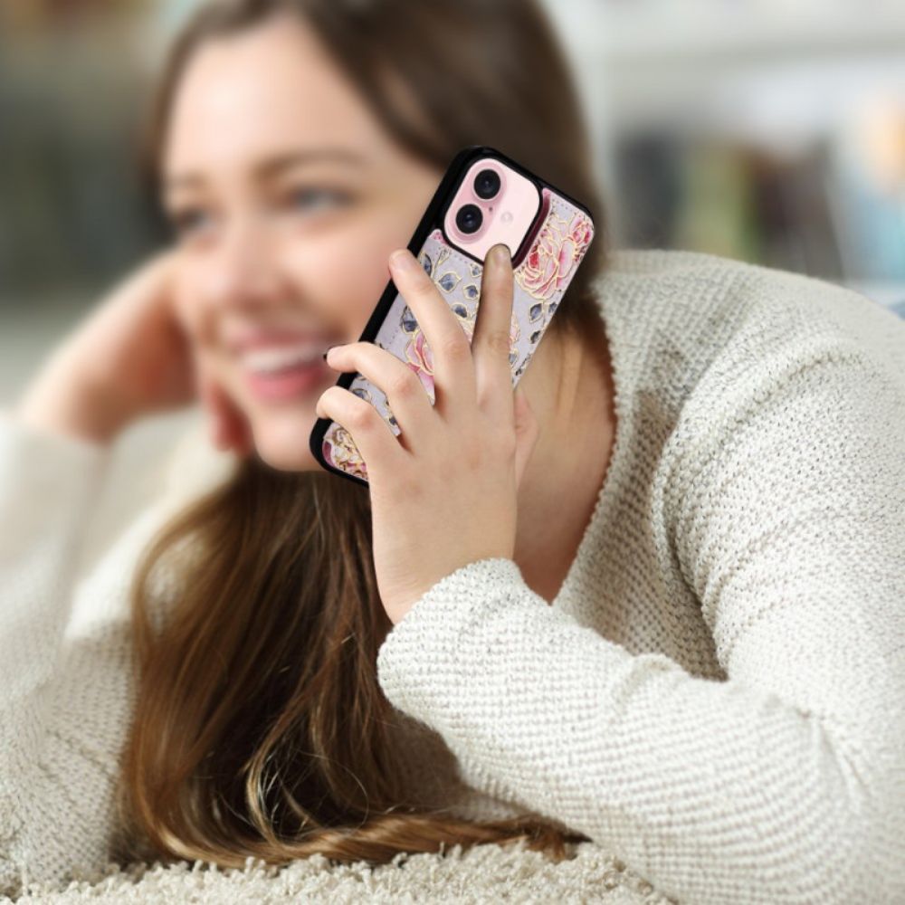 Hoesje iPhone 16 Rfid-kaarthouder Met Bloemen