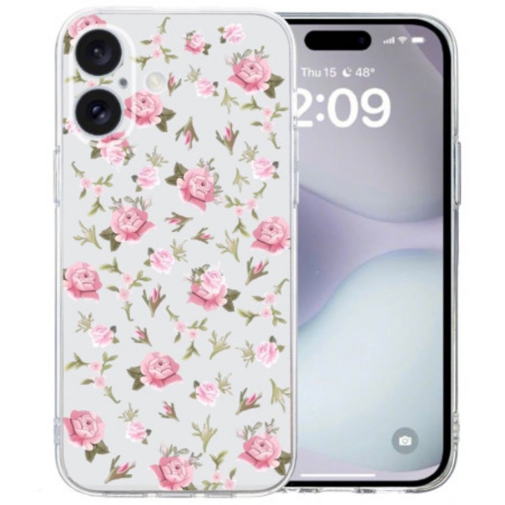 Hoesje iPhone 16 Transparante Rand Roze Bloemen