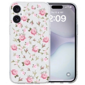 Hoesje iPhone 16 Transparante Rand Roze Bloemen