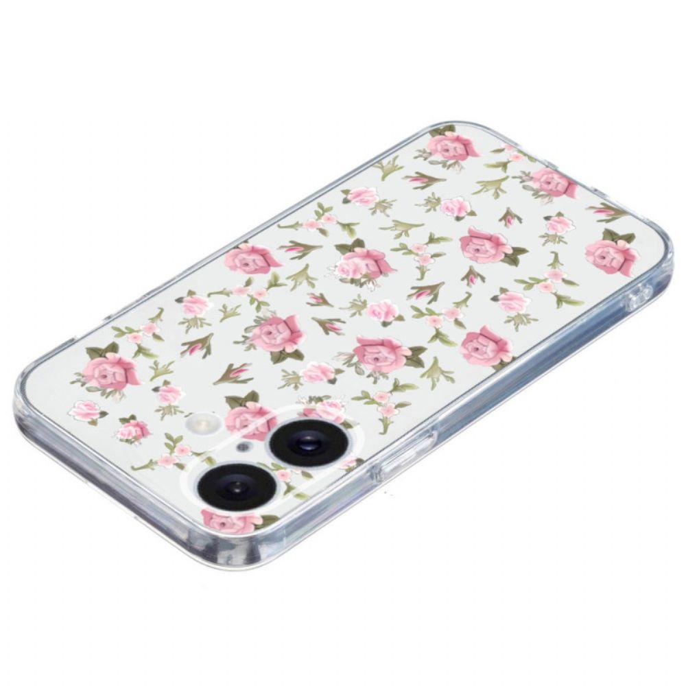 Hoesje iPhone 16 Transparante Rand Roze Bloemen