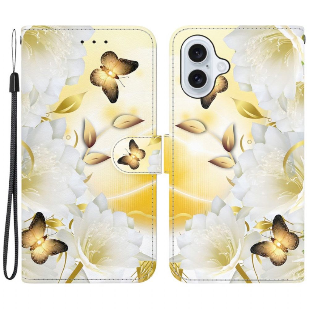 Leren Hoesje iPhone 16 Gouden Vlinders En Witte Bloemen Met Riempje