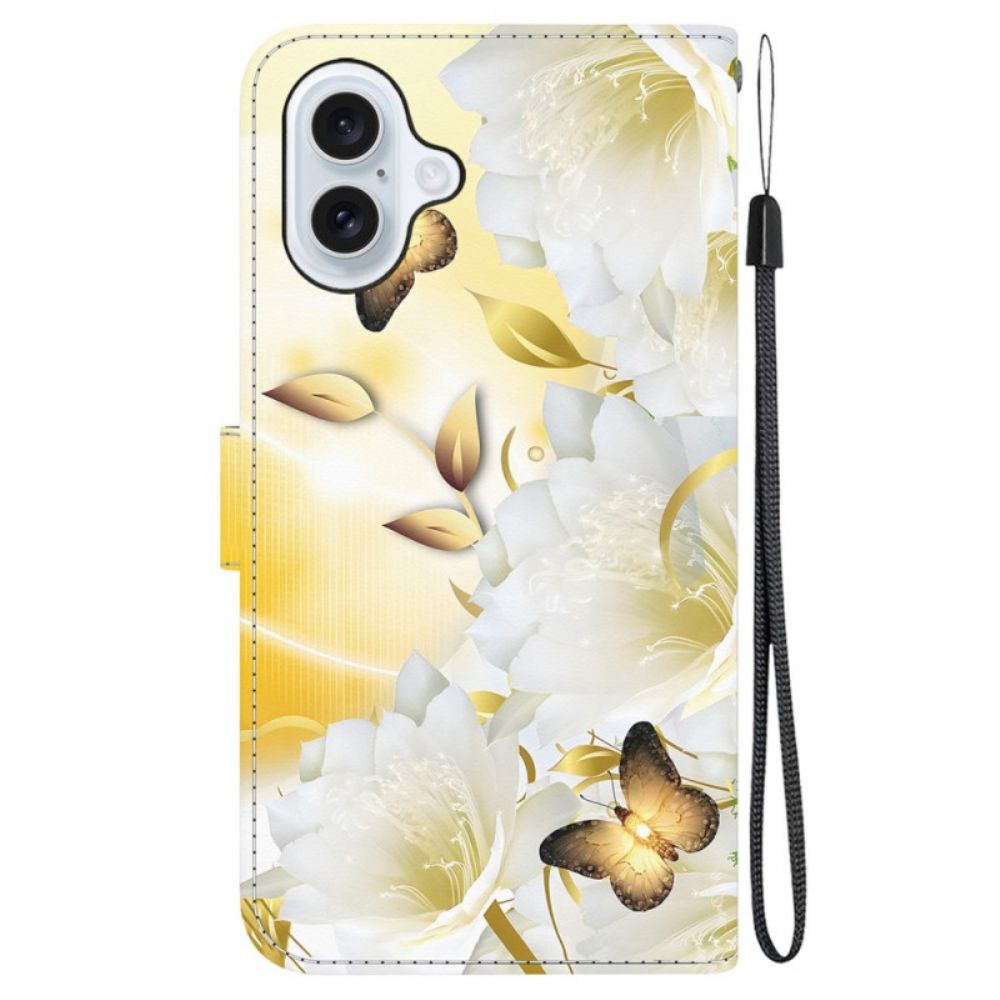 Leren Hoesje iPhone 16 Gouden Vlinders En Witte Bloemen Met Riempje