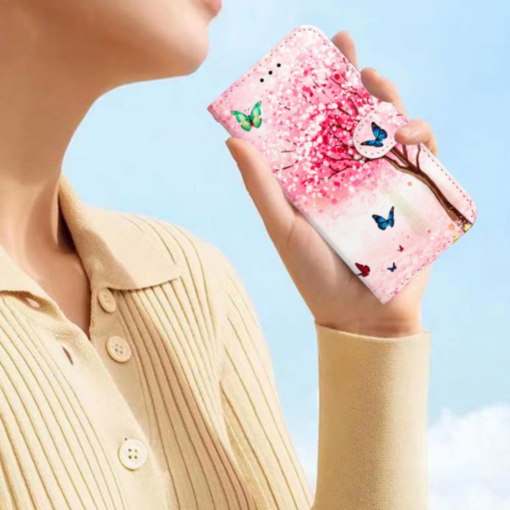 Leren Hoesje iPhone 16 Kersenbloesemboom Met Riem Bescherming Hoesje