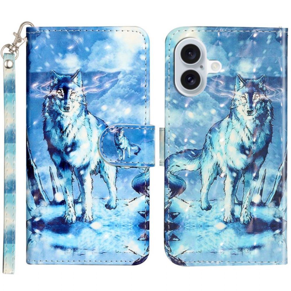 Leren Hoesje iPhone 16 Lanyard Sneeuwwolf Bescherming Hoesje