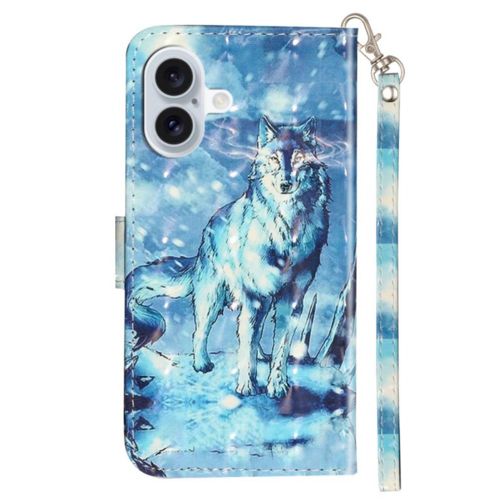 Leren Hoesje iPhone 16 Lanyard Sneeuwwolf Bescherming Hoesje